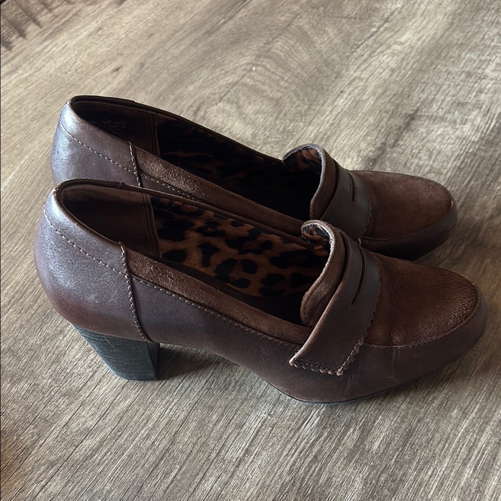 Clarks Brown Leather Block Heel Loafers